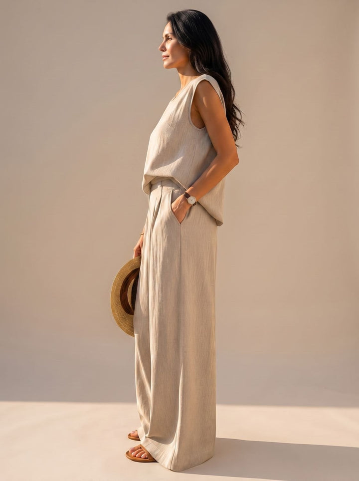 Women's Linen-Blend Wide-Leg Pants Sleeveless Top Two-Piece Set