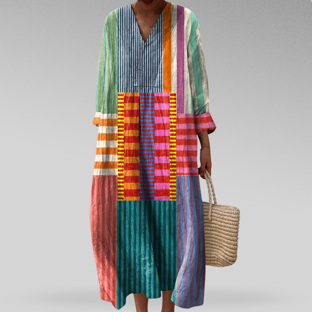 Women's Linen Colorblock Stripe Oversized V-Neck Maxi Dress