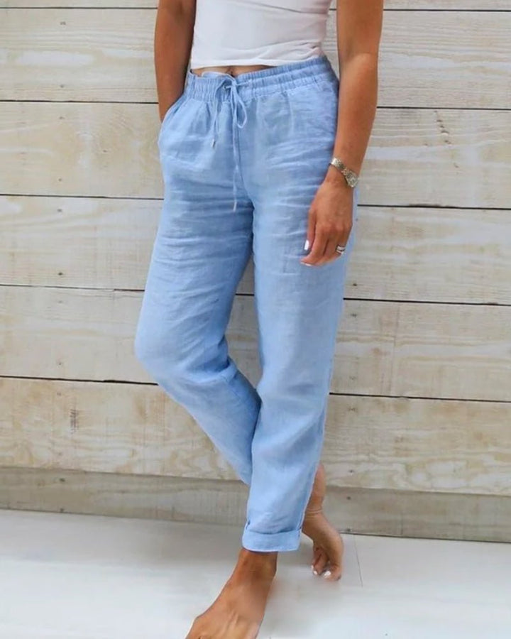 Women's Linen Drawstring Elasticated Waist Straight-Leg Pants - Light Blue