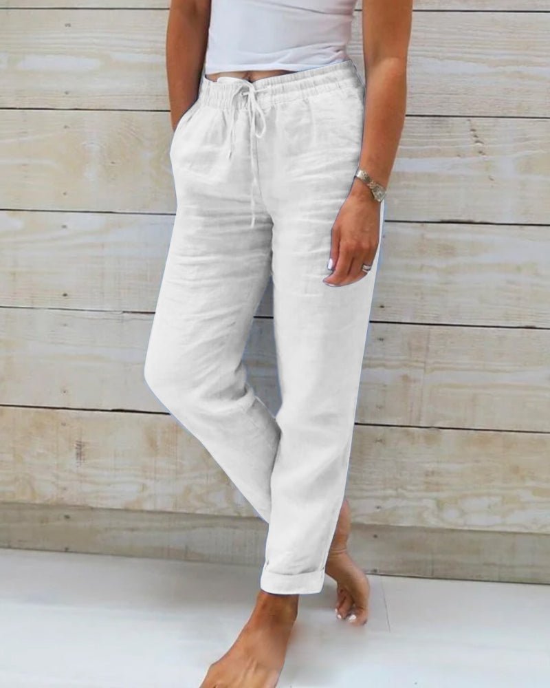 Women's Linen Drawstring Elasticated Waist Straight-Leg Pants - White