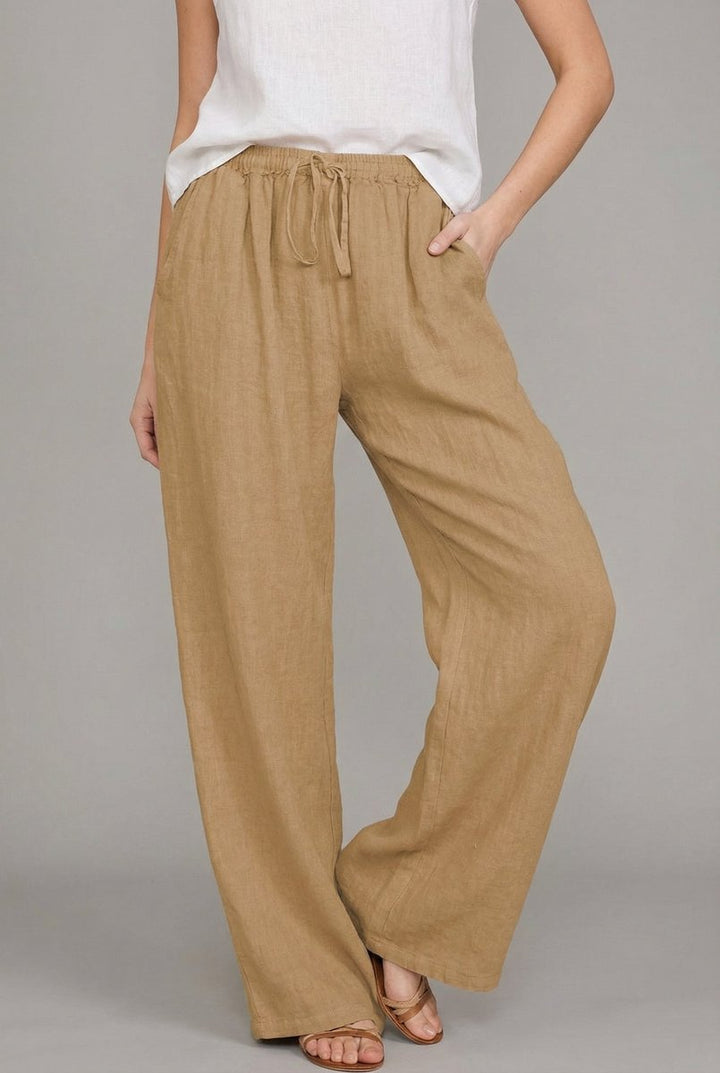 Women's Linen Drawstring Relaxed Wide Leg Pants - Khaki
