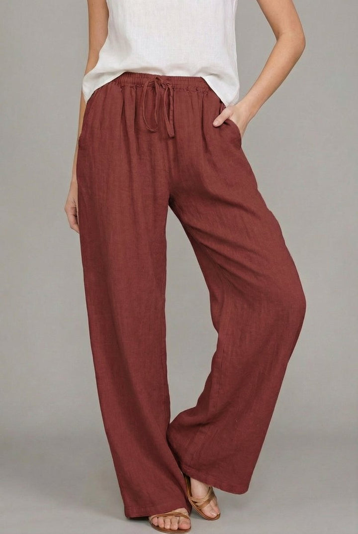 Women's Linen Drawstring Relaxed Wide Leg Pants - Wine Red