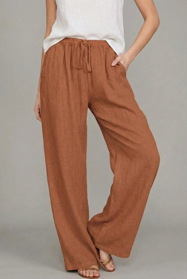 Women's Linen Drawstring Relaxed Wide Leg Pants - Orange