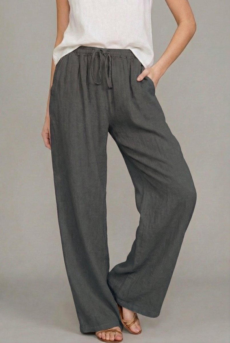 Women's Linen Drawstring Relaxed Wide Leg Pants - Dark gray