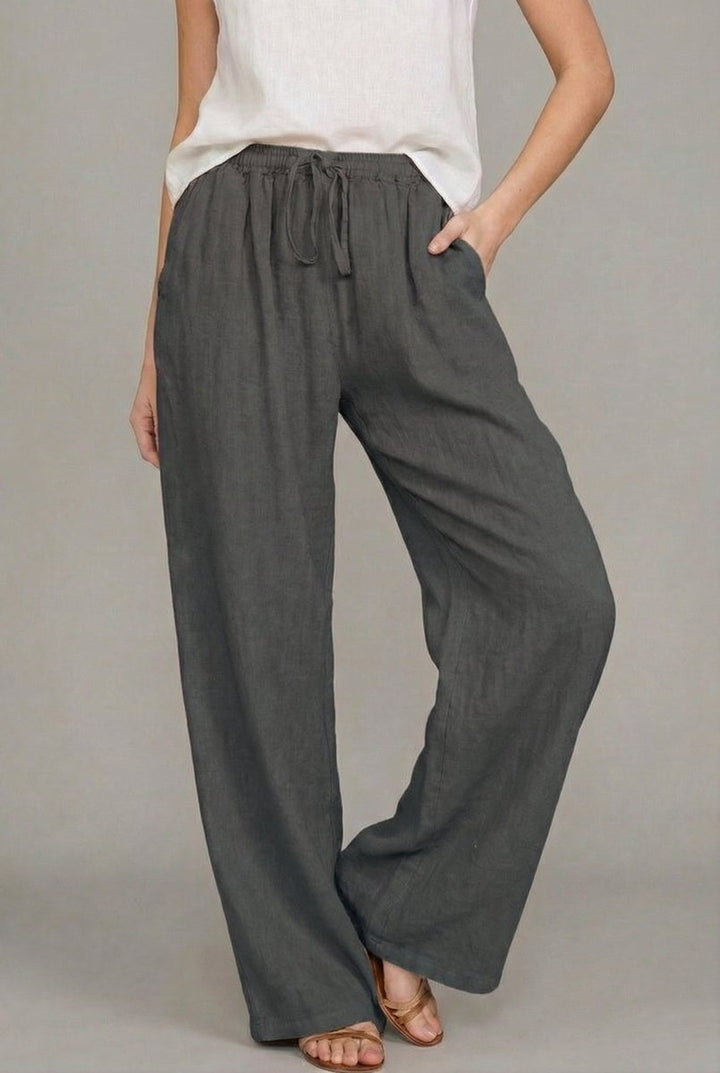 Women's Linen Drawstring Relaxed Wide Leg Pants - Dark gray