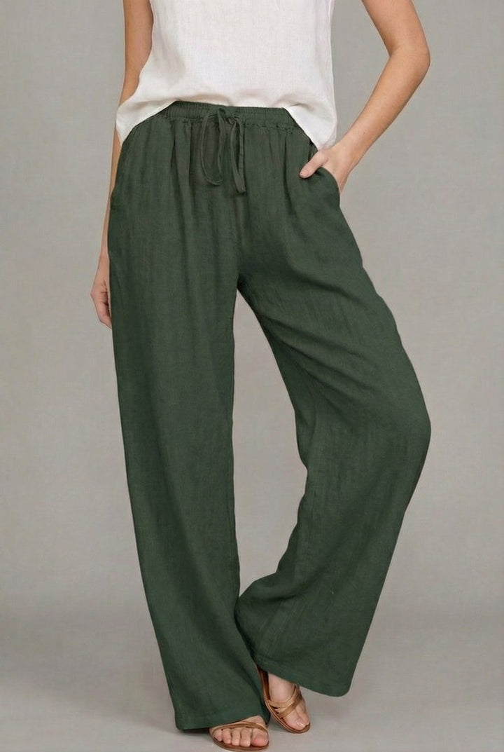 Women's Linen Drawstring Relaxed Wide Leg Pants - Green