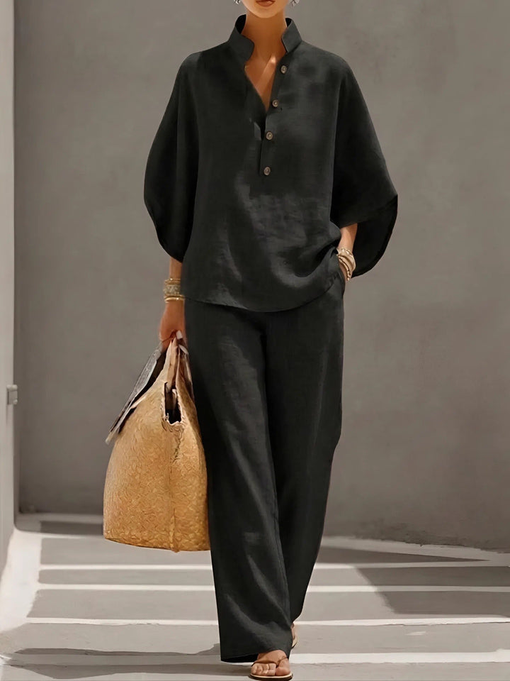 Women's Linen Kimono-Sleeve Top Wide-Leg Pants Two-Piece Set - Black