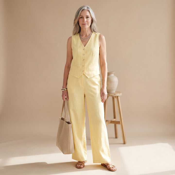 Women's Linen-Look Two Piece Set Sleeveless Button Vest Wide-Leg Pants - Yellow