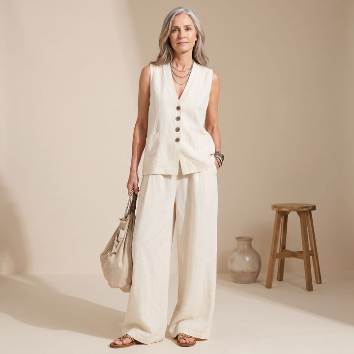 Women's Linen-Look Two Piece Set Sleeveless Button Vest Wide-Leg Pants - Beige