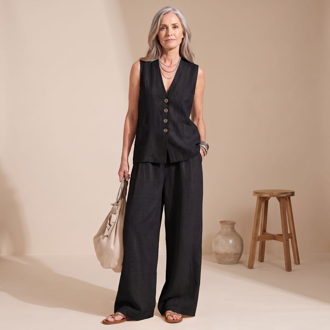 Women's Linen-Look Two Piece Set Sleeveless Button Vest Wide-Leg Pants - Black