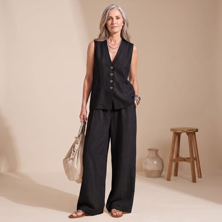 Women's Linen-Look Two Piece Set Sleeveless Button Vest Wide-Leg Pants - Black