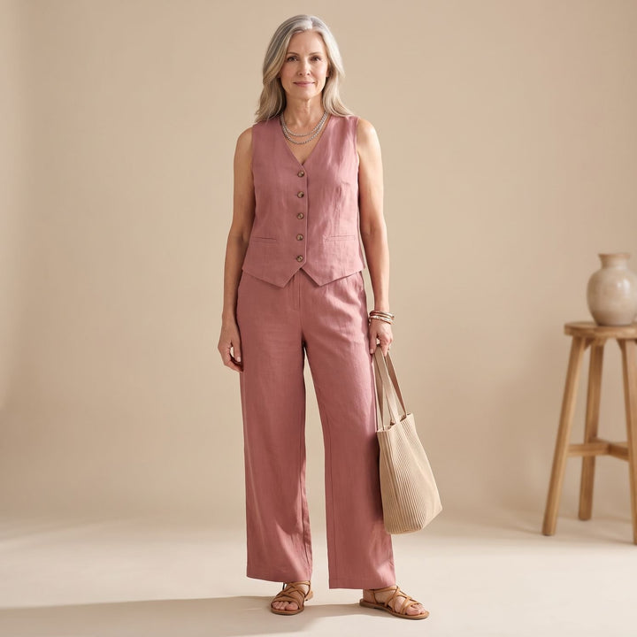 Women's Linen-Look Two Piece Set Sleeveless Button Vest Wide-Leg Pants - Pink