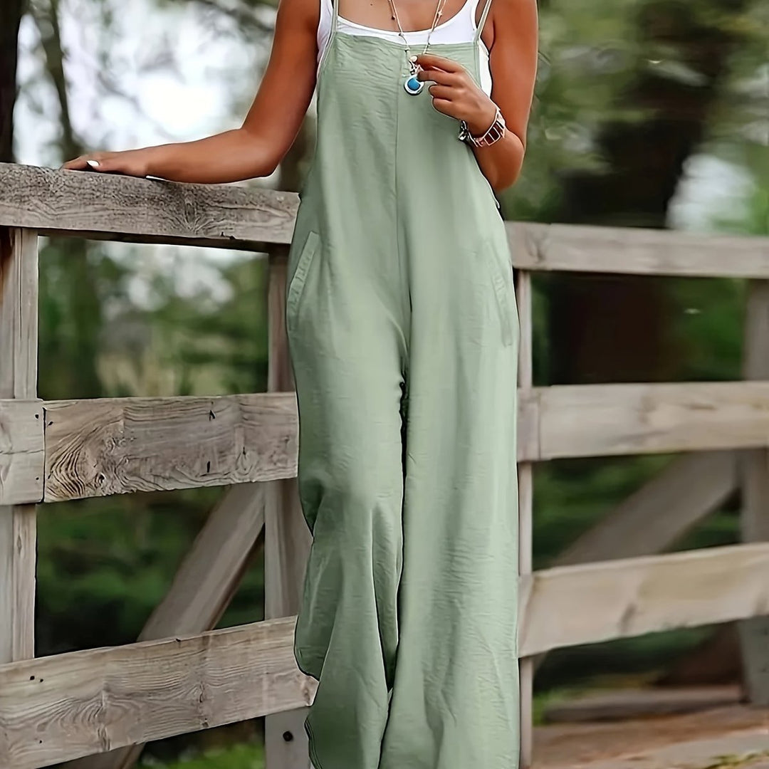 Women's Linen Sleeveless Wide Leg Pants Dungaree Jumpsuit - Light Green