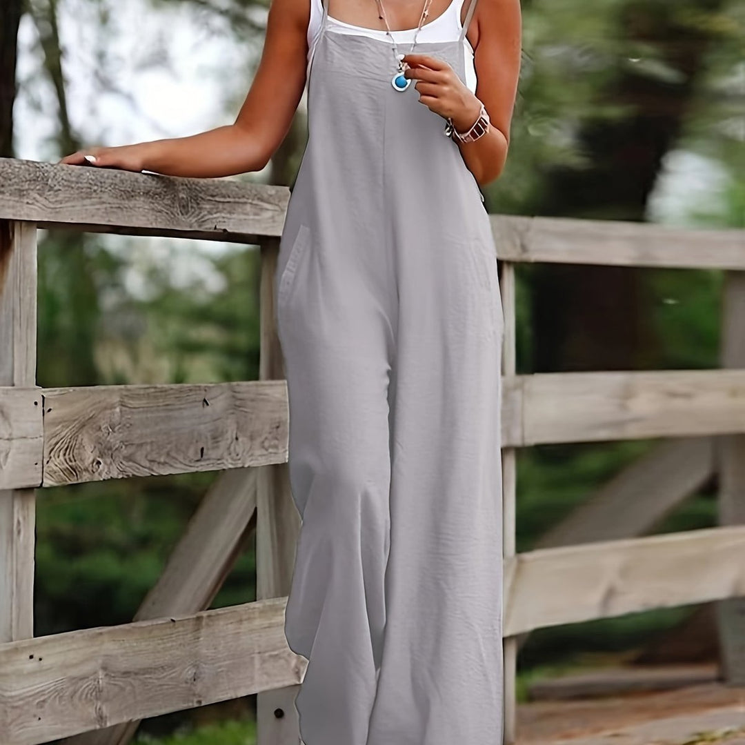 Women's Linen Sleeveless Wide Leg Pants Dungaree Jumpsuit - Silvery Grey