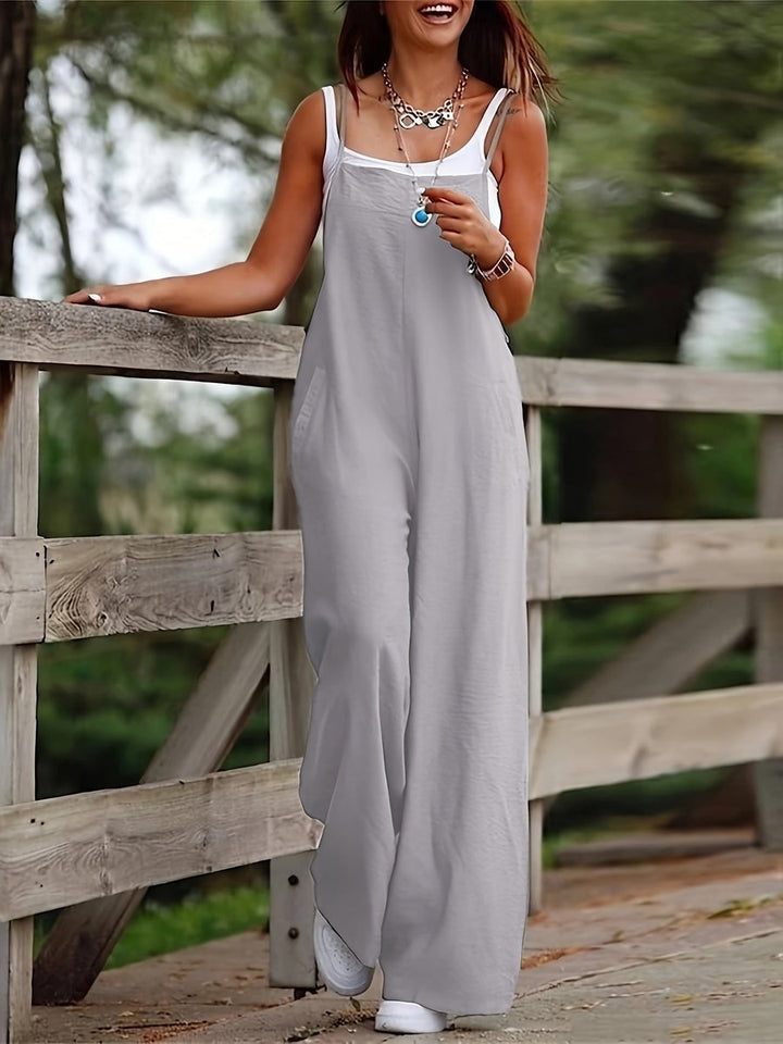 Women's Linen Sleeveless Wide Leg Pants Dungaree Jumpsuit