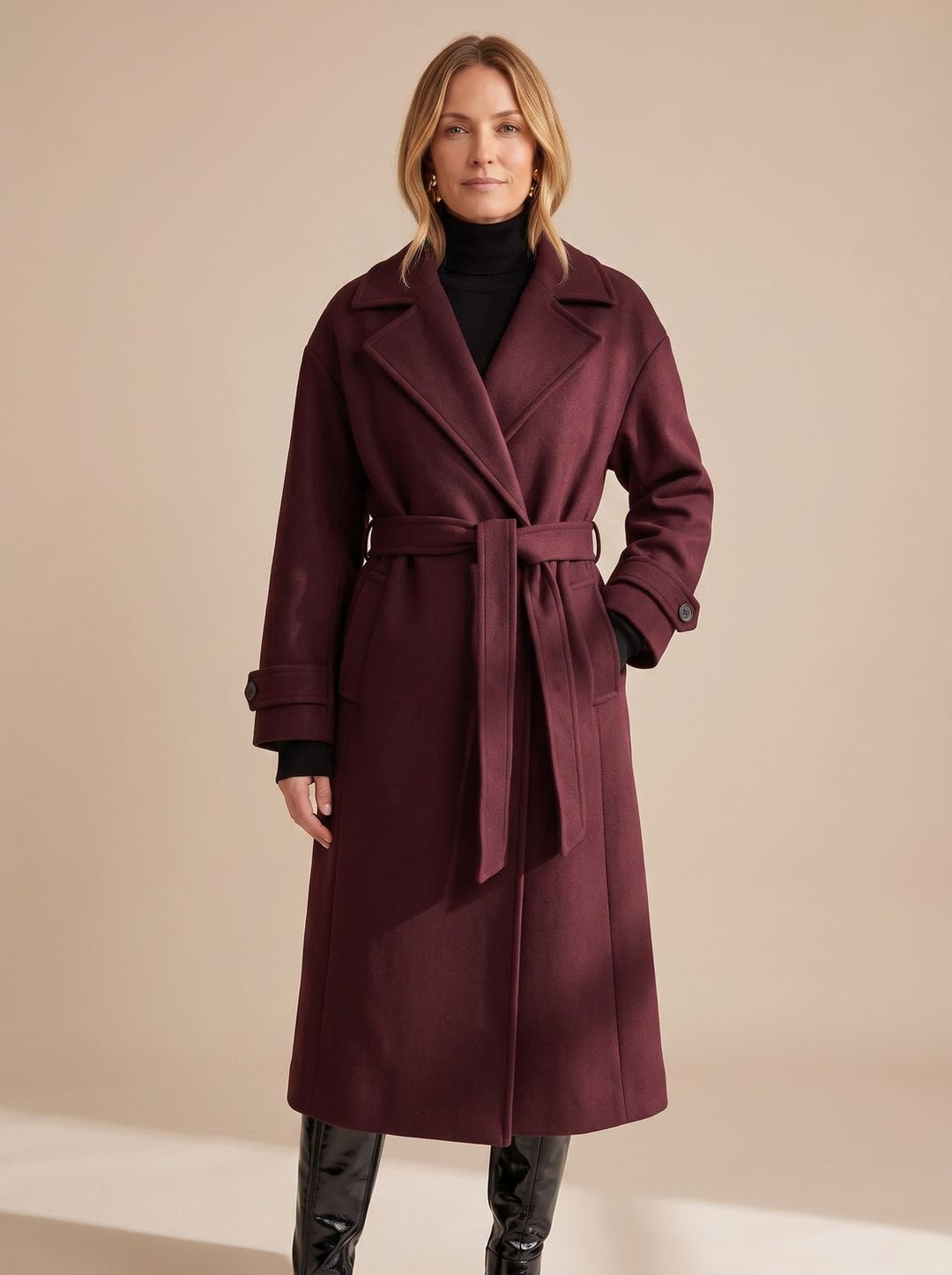 Women's Long Belted Wrap Winter Coat - Burgundy