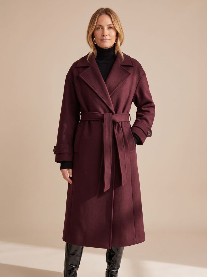 Women's Long Belted Wrap Winter Coat - Burgundy