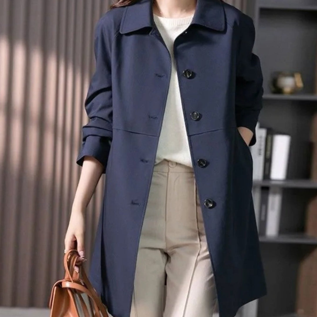 Women's Long Button-Front Longline Trench Coat - Dark Blue
