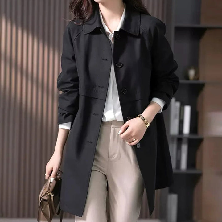 Women's Long Button-Front Longline Trench Coat - Black