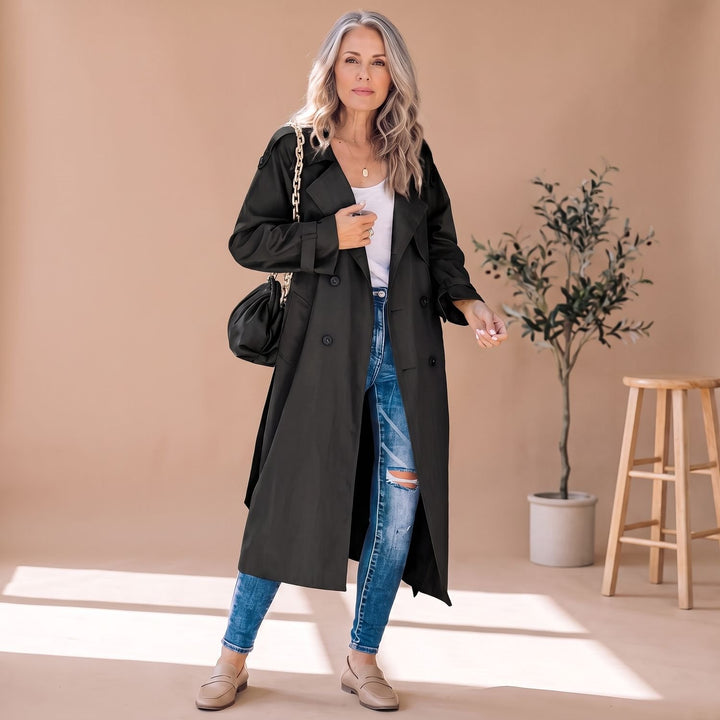 Women's Long Double-Breasted Belted Trench Coat - Black