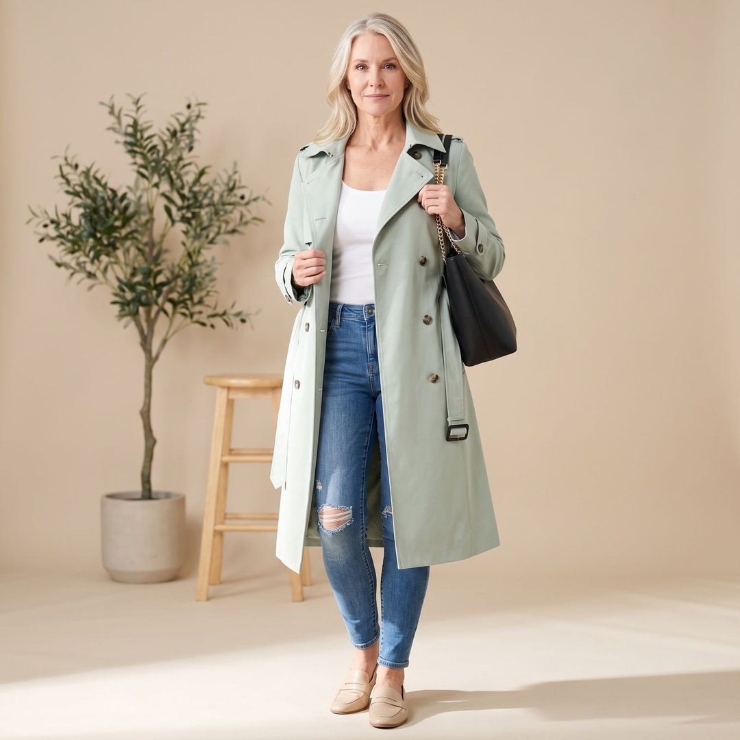 Women's Long Double-Breasted Belted Trench Coat - Light Blue