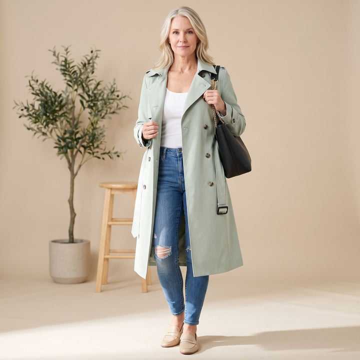 Women's Long Double-Breasted Belted Trench Coat - Light Blue