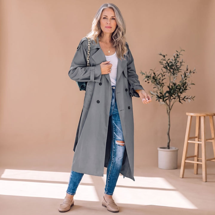 Women's Long Double-Breasted Belted Trench Coat - Gray