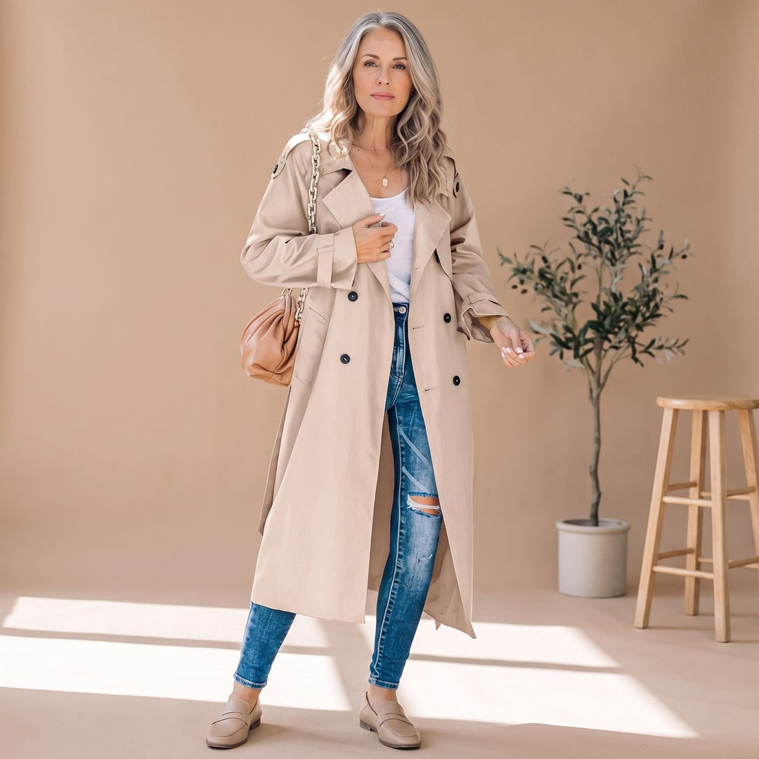 Women's Long Double-Breasted Belted Trench Coat - Khaki