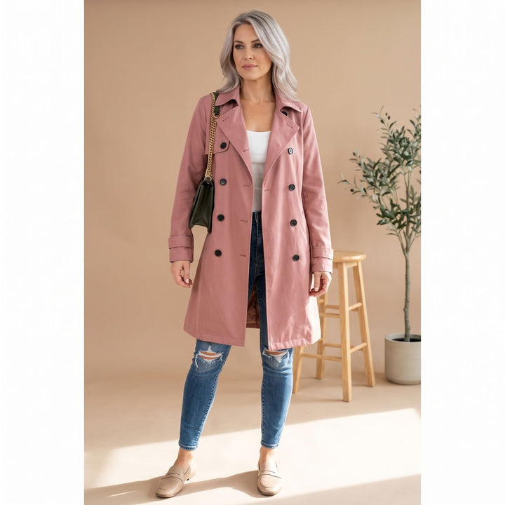 Women's Long Double-Breasted Belted Trench Coat - Pink