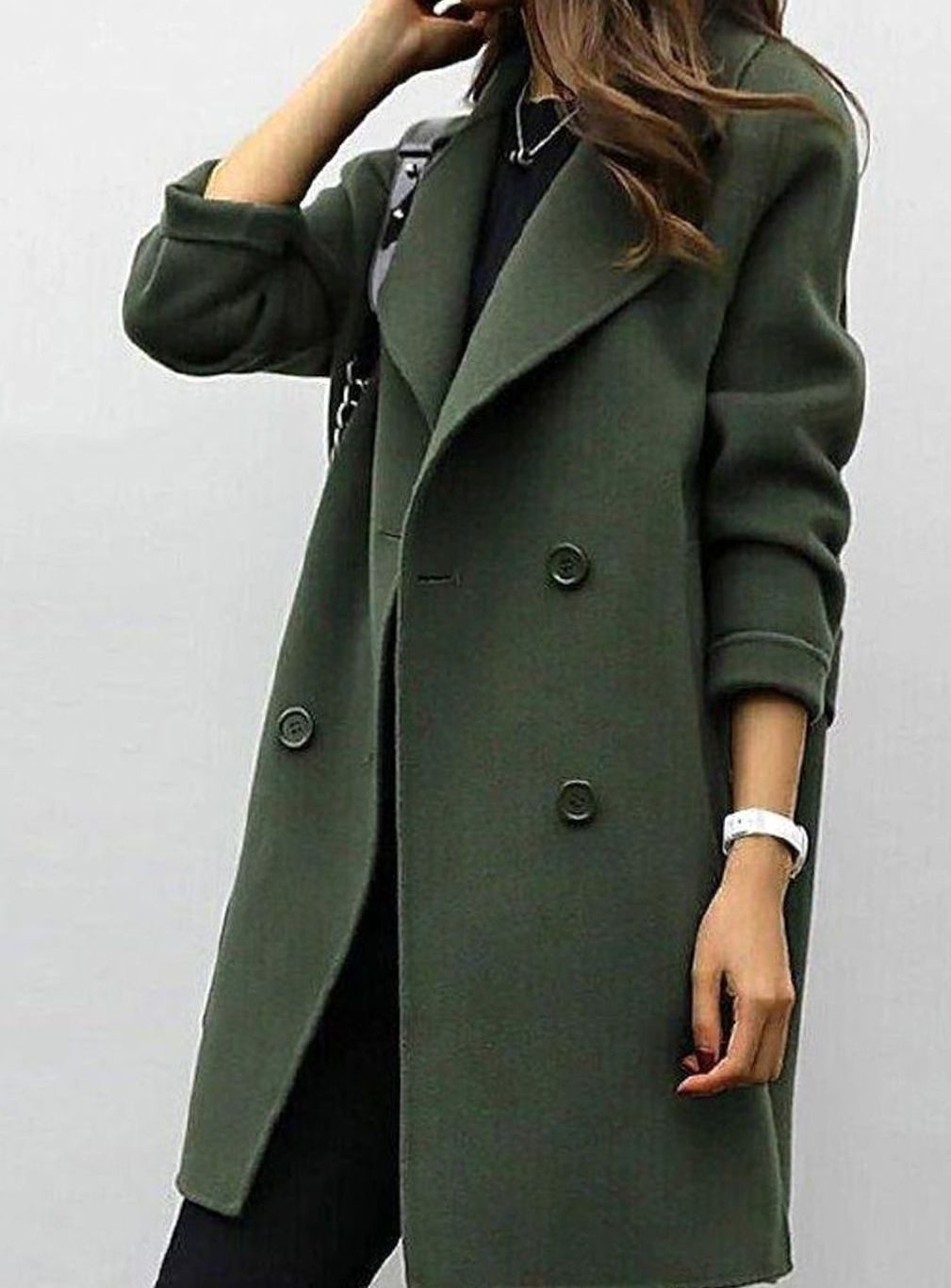 Women's Long Double-Breasted Notch-Lapel Winter Coat - Olive Green