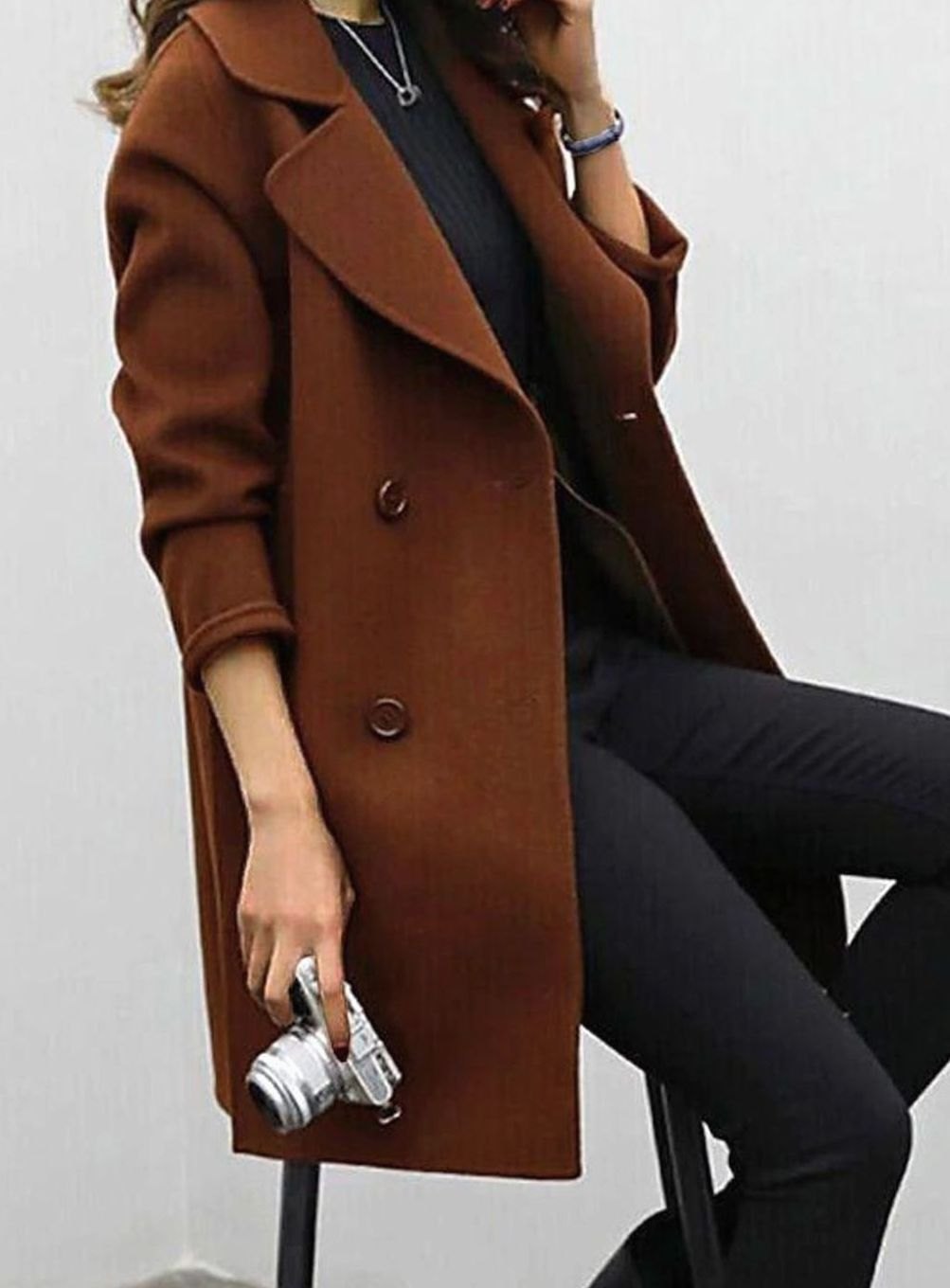 Women's Long Double-Breasted Notch-Lapel Winter Coat - Brown