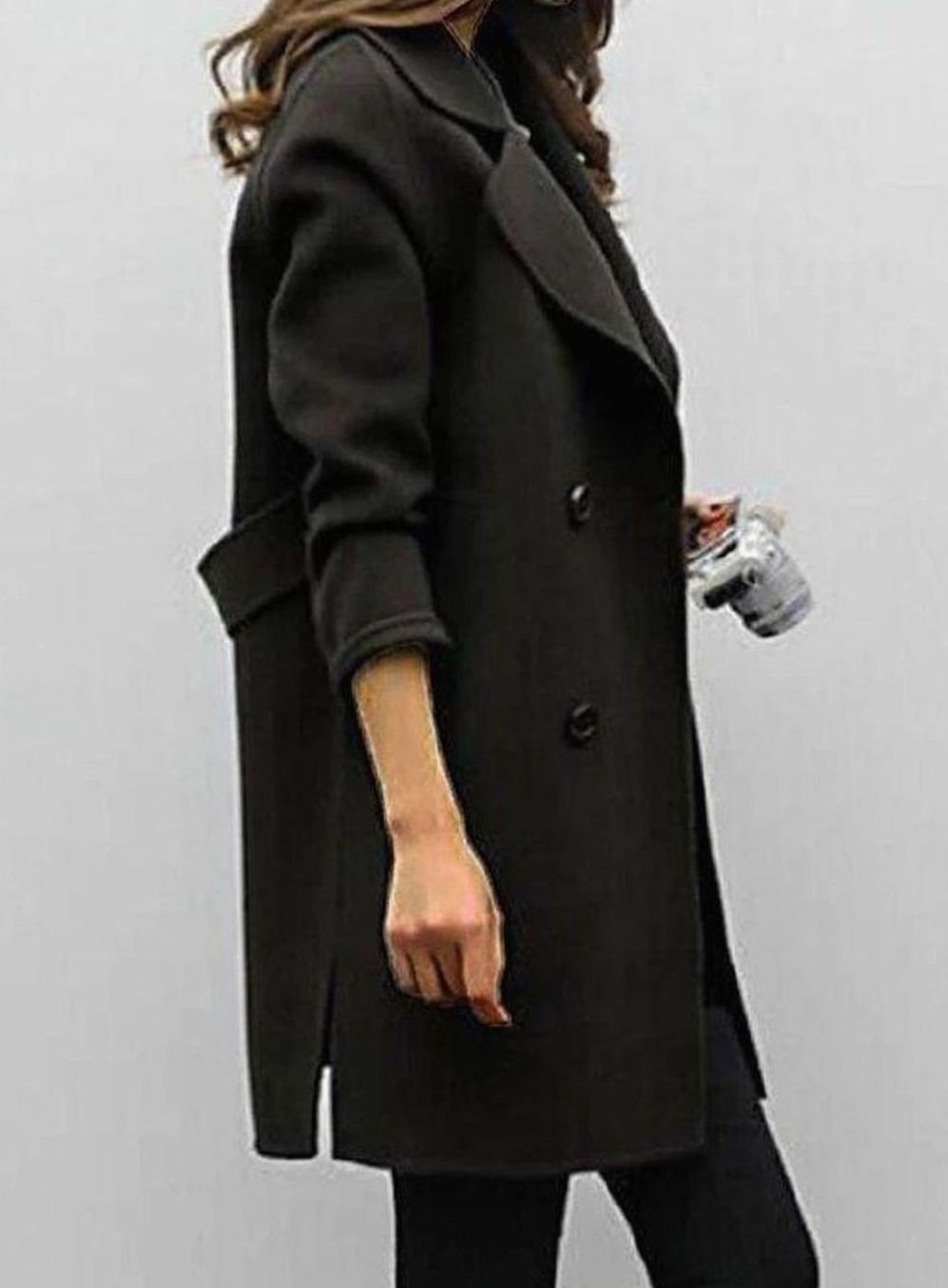 Women's Long Double-Breasted Notch-Lapel Winter Coat - Black