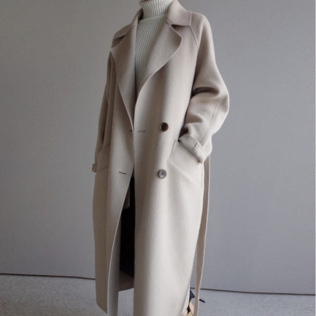 Women's Long Double-Breasted Wool-Blend Lapel Coat