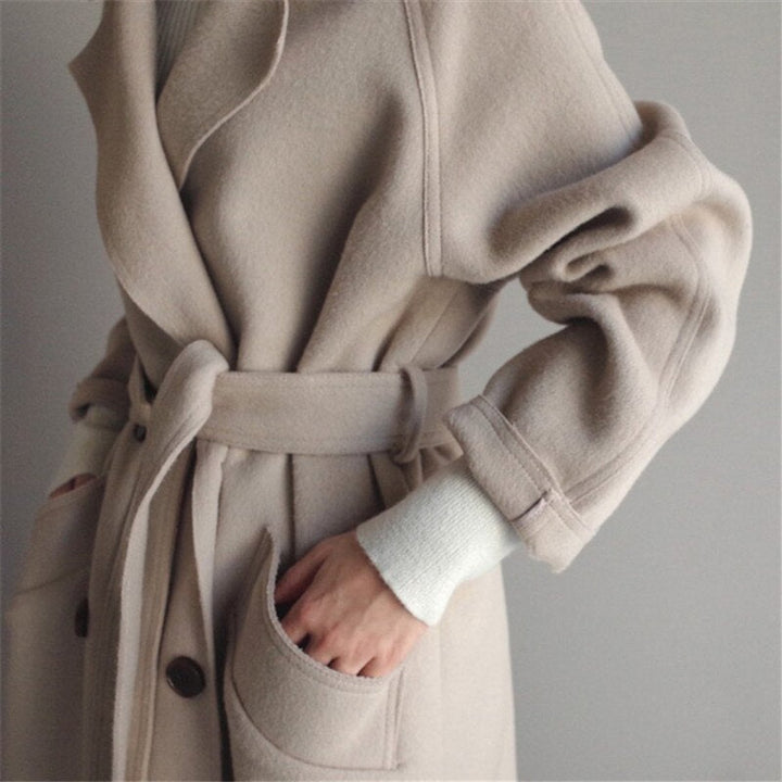 Women's Long Double-Breasted Wool-Blend Lapel Coat