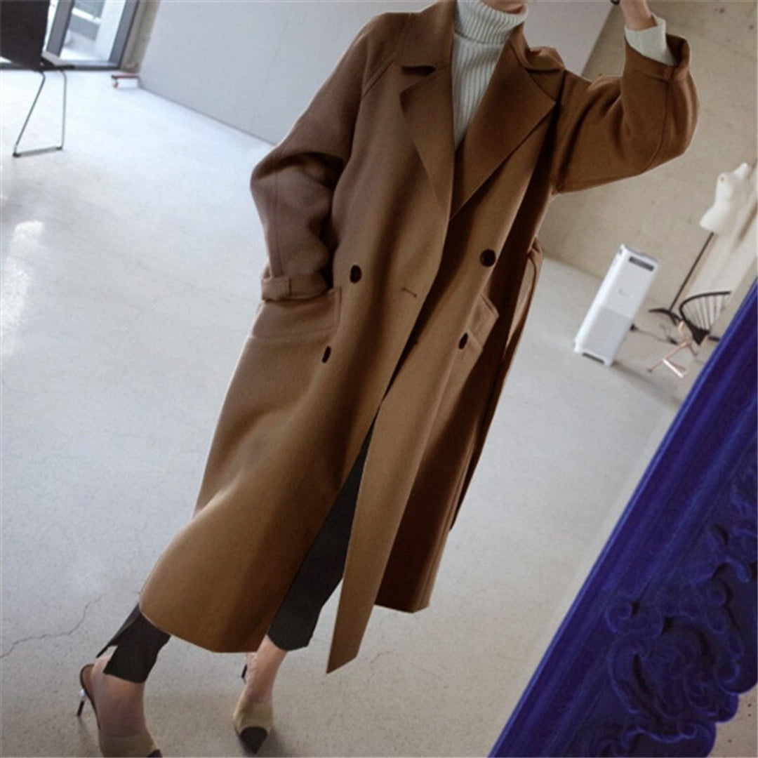 Women's Long Double-Breasted Wool-Blend Lapel Coat