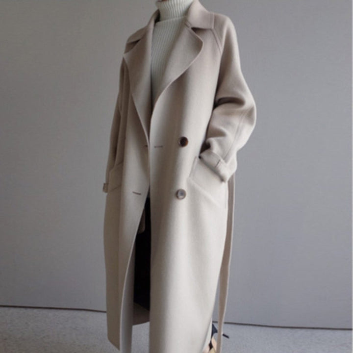Women's Long Double-Breasted Wool-Blend Lapel Coat - Off-White