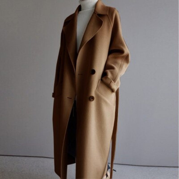 Women's Long Double-Breasted Wool-Blend Lapel Coat - Caramel