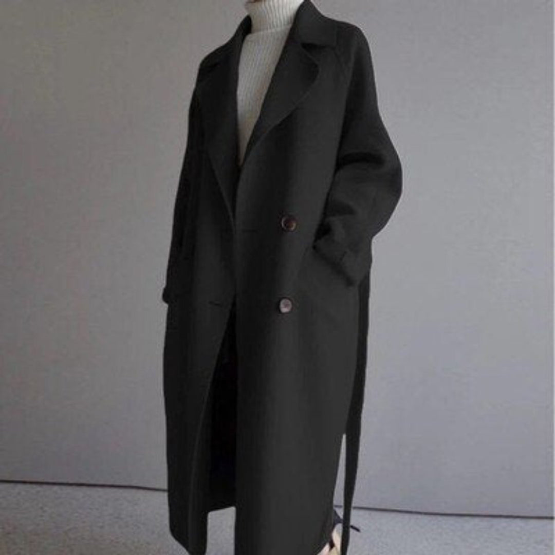 Women's Long Double-Breasted Wool-Blend Lapel Coat - Black