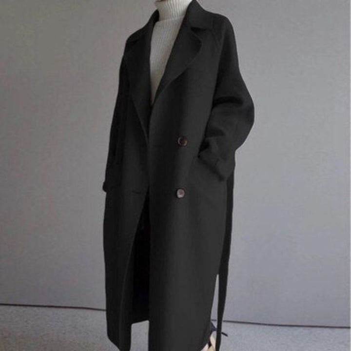 Women's Long Double-Breasted Wool-Blend Lapel Coat - Black