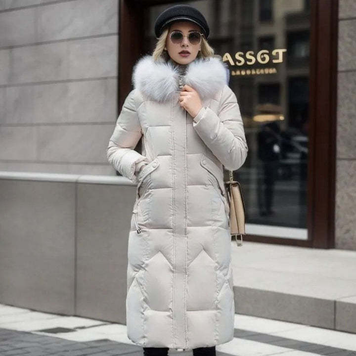 Women's Long Hooded Fur-Trim Quilted Coat