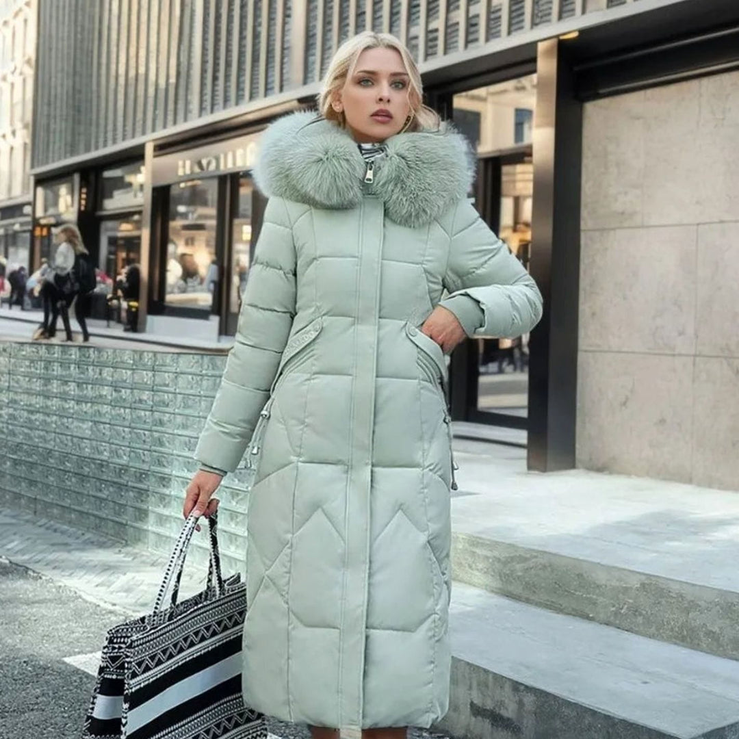 Women's Long Hooded Fur-Trim Quilted Coat - Green
