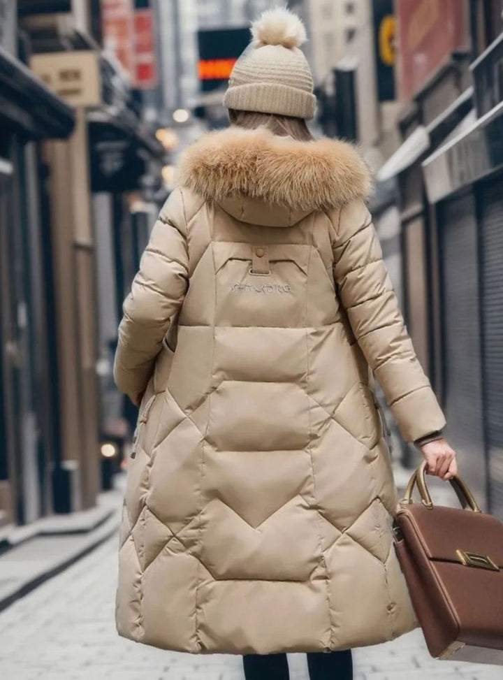 Women's Long Hooded Fur-Trim Quilted Coat