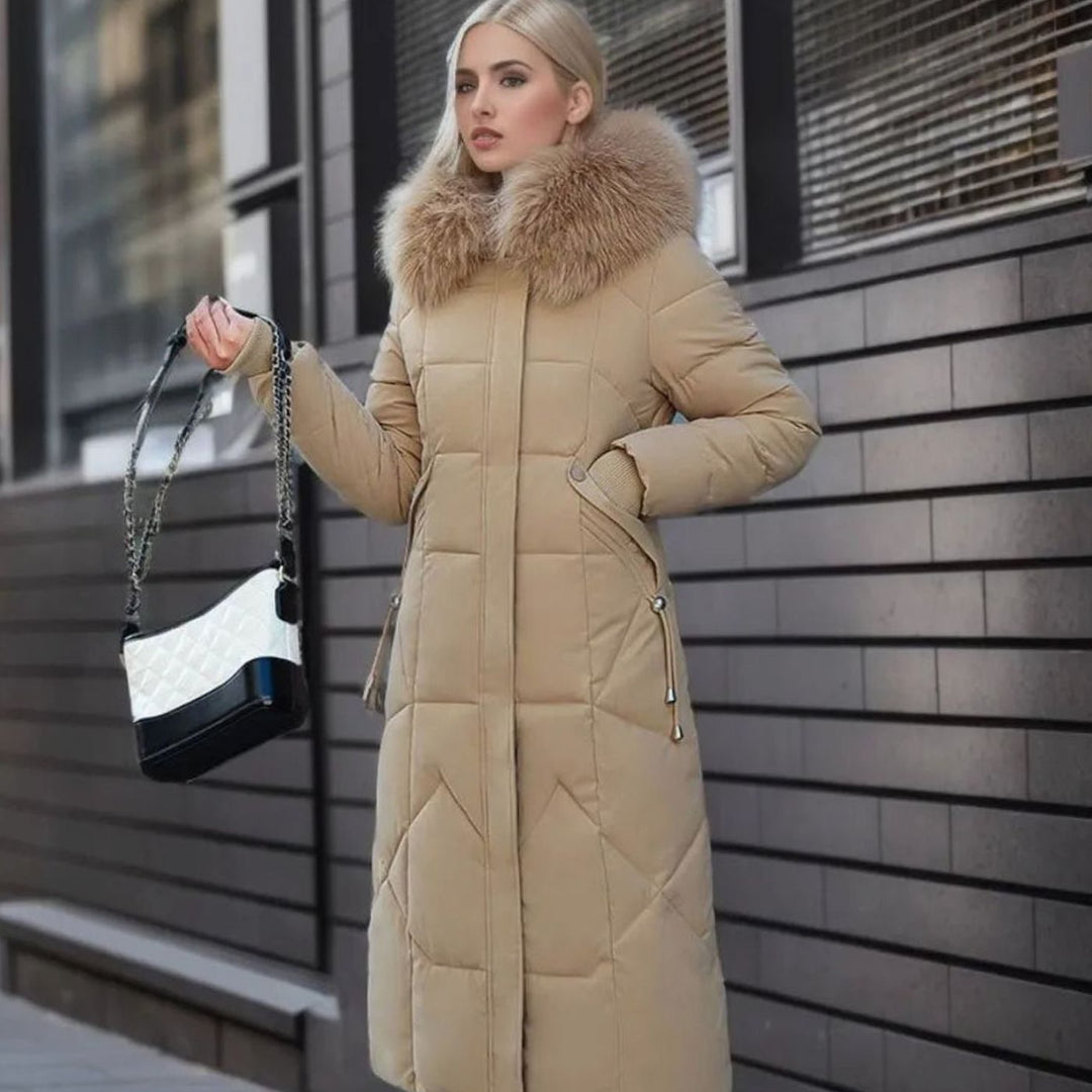Women's Long Hooded Fur-Trim Quilted Coat