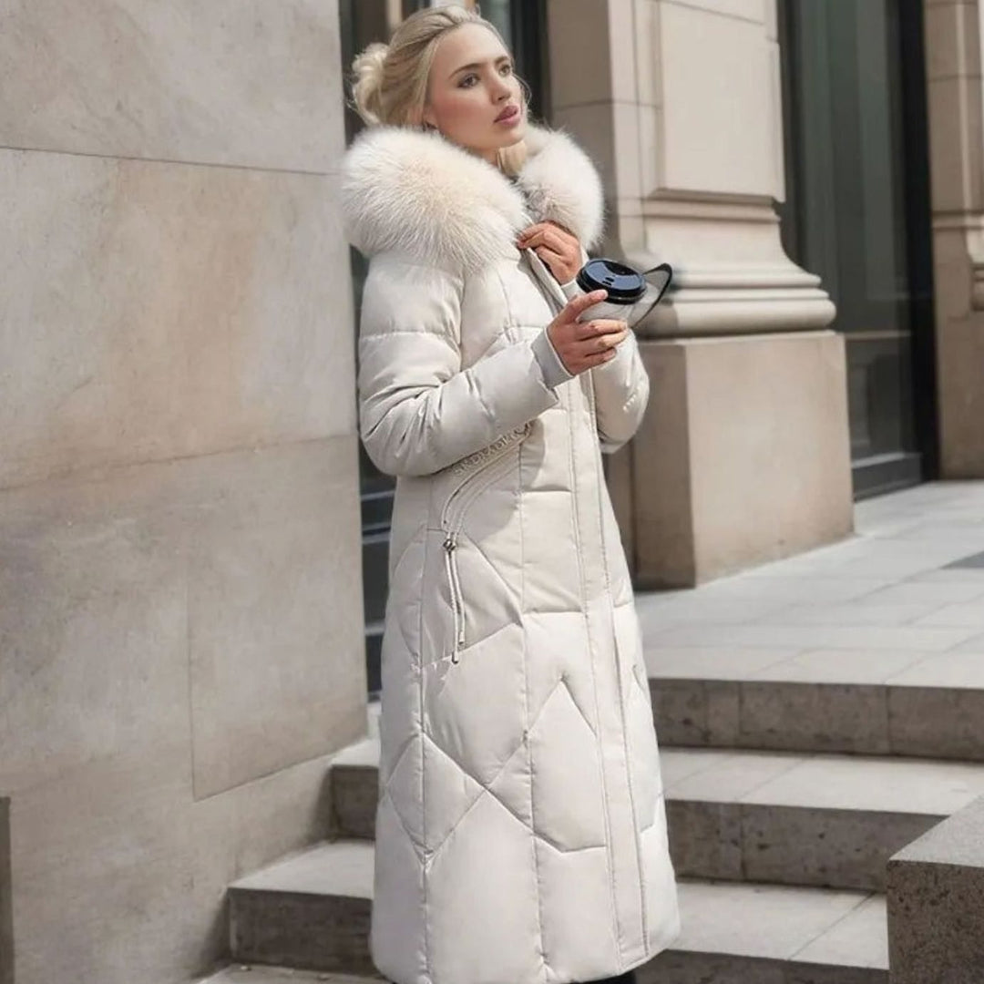 Women's Long Hooded Fur-Trim Quilted Coat