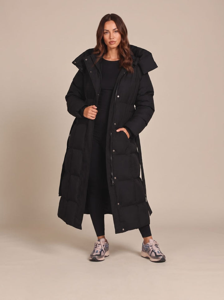 Women's Long Hooded Puffer Coat Belted Longline Winter Jacket - Black