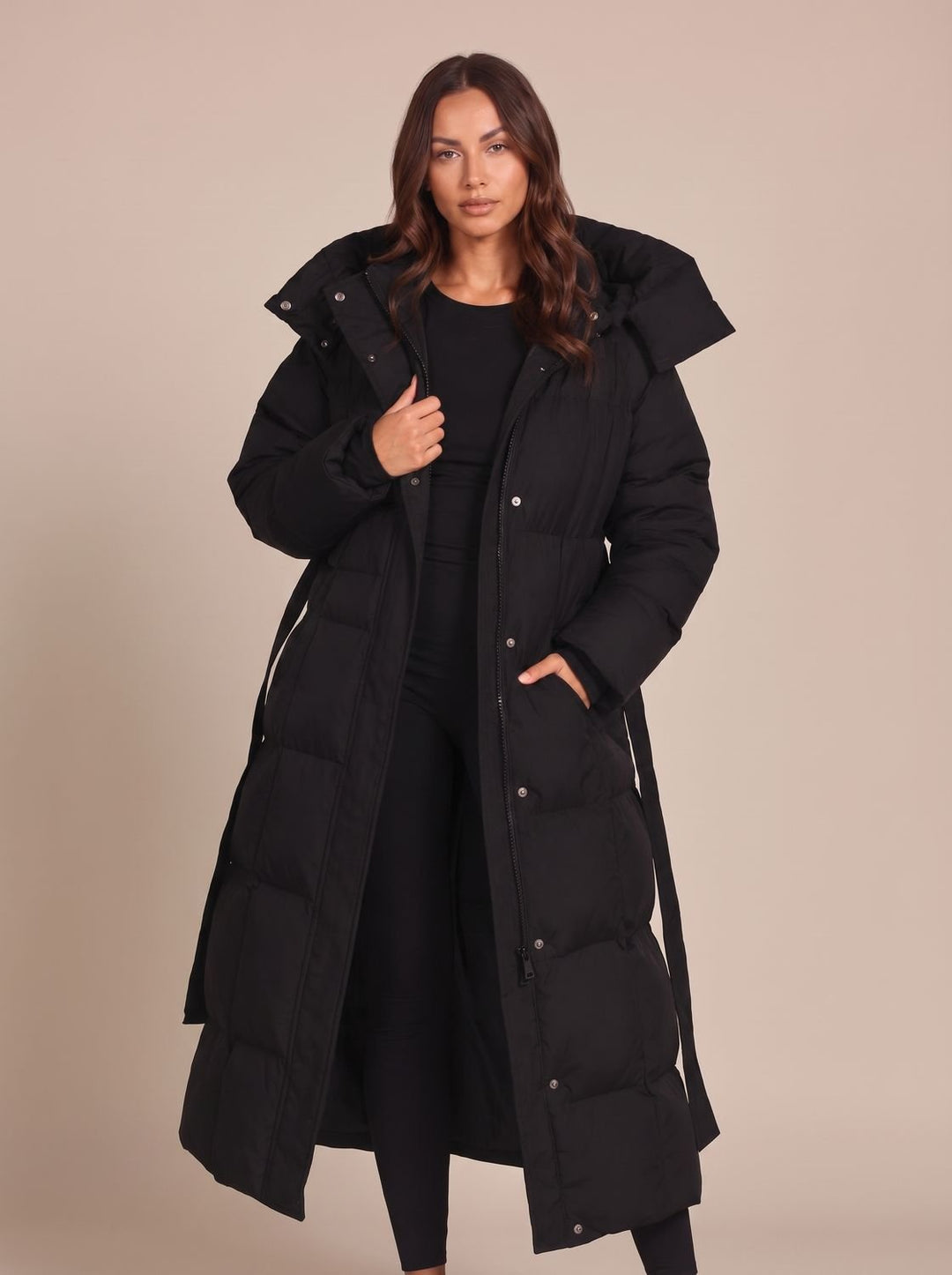 Women's Long Hooded Puffer Coat Belted Longline Winter Jacket
