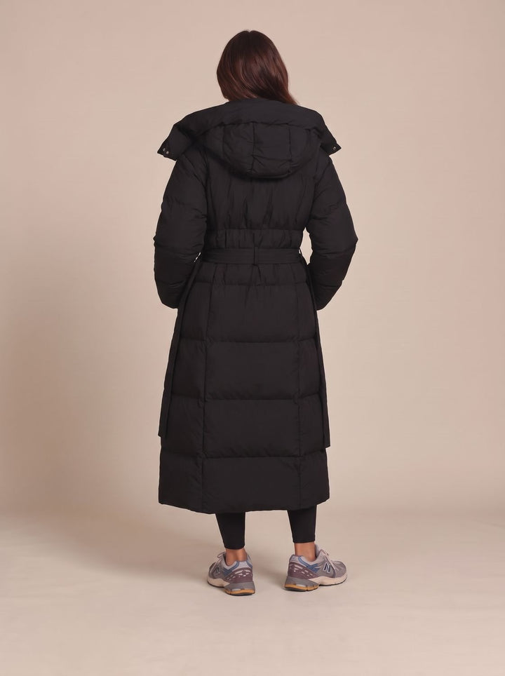 Women's Long Hooded Puffer Coat Belted Longline Winter Jacket