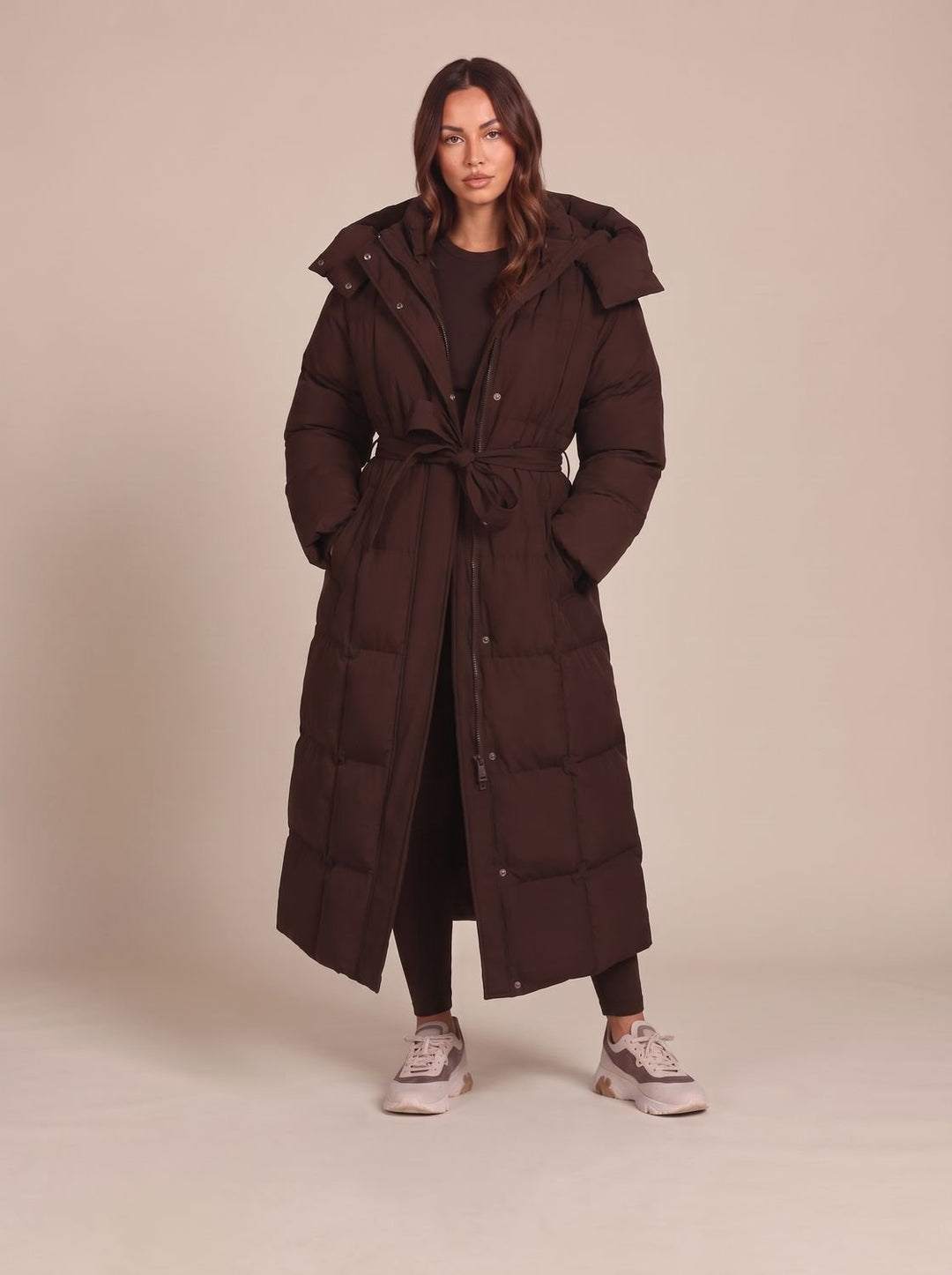 Women's Long Hooded Puffer Coat Belted Longline Winter Jacket - Brown