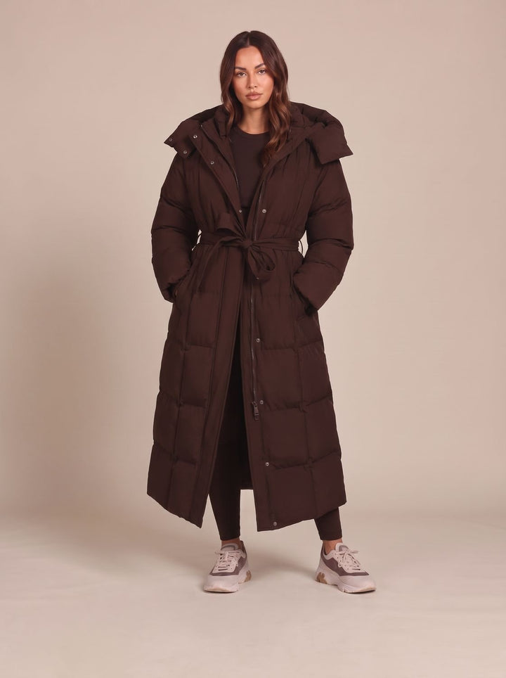 Women's Long Hooded Puffer Coat Belted Longline Winter Jacket - Brown