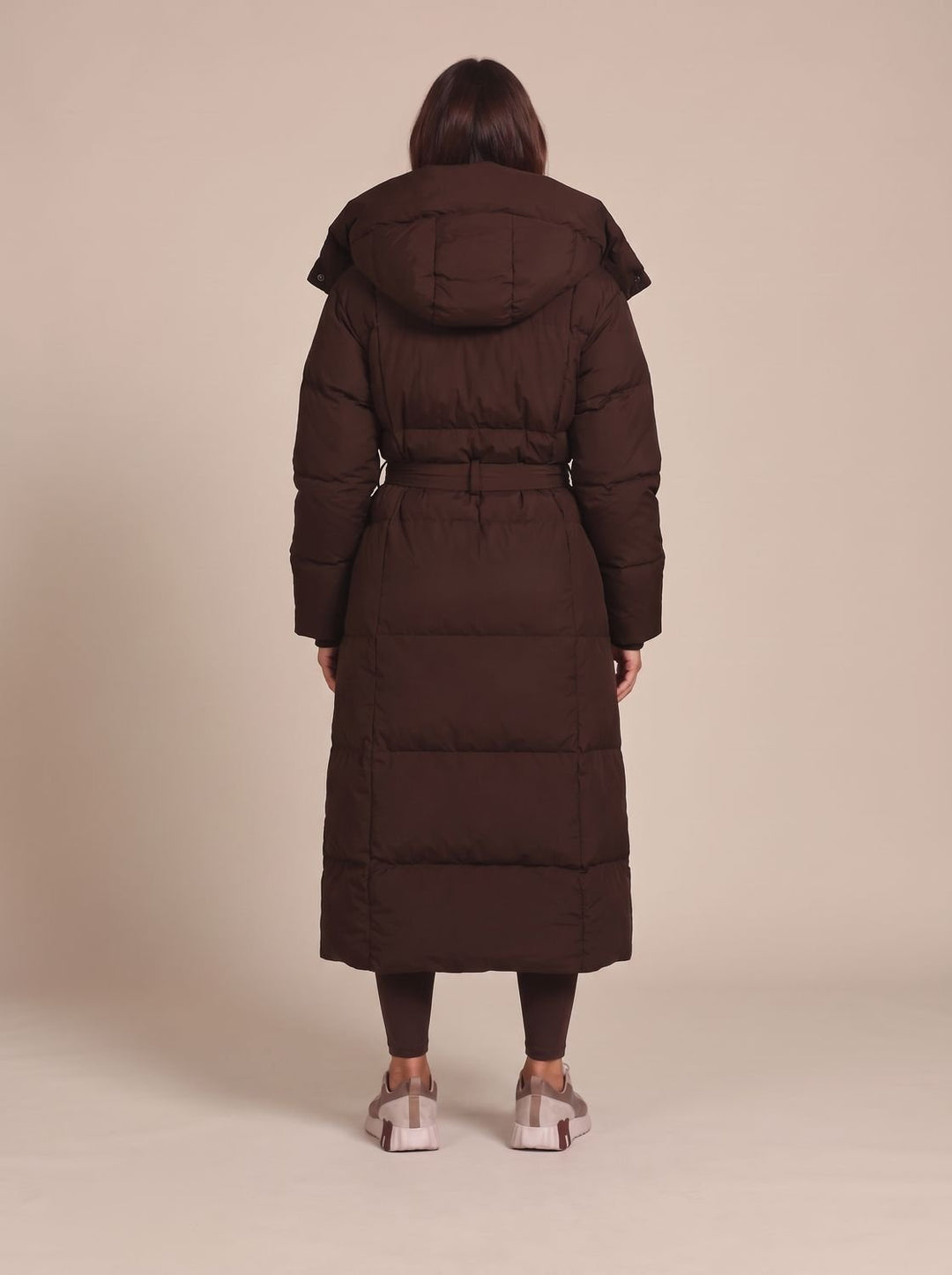 Women's Long Hooded Puffer Coat Belted Longline Winter Jacket